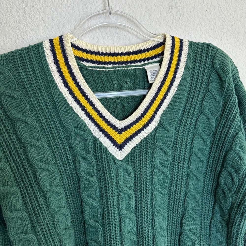 Vintage Forest Green Cable Knit Cricket Sweater V-Neck Striped Trim Ramie Cotton